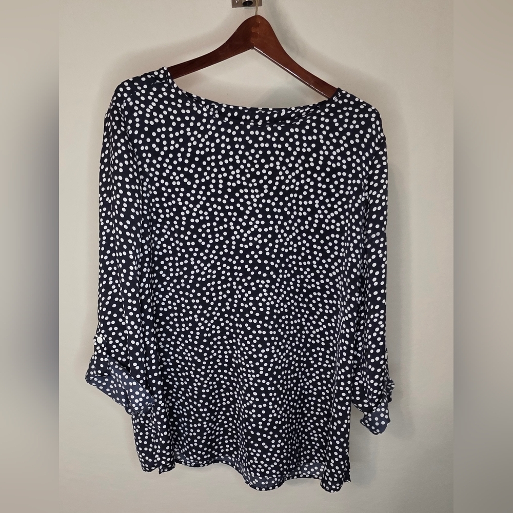 Chico’s Navy White Polka Dot Blouse Size 3 (XL/16) Roll Tab Sleeves